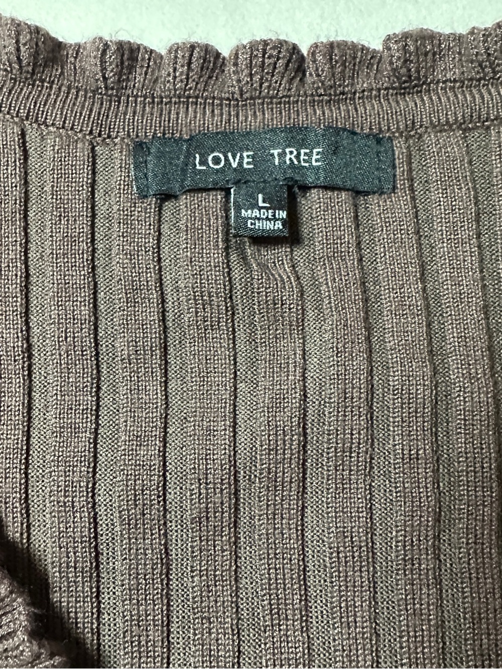Fall Aesthetic Love Tree Brown Ribbed V-Neck Ruffle-Edge Button Cardigan Chic L - Picture 5 of 6
